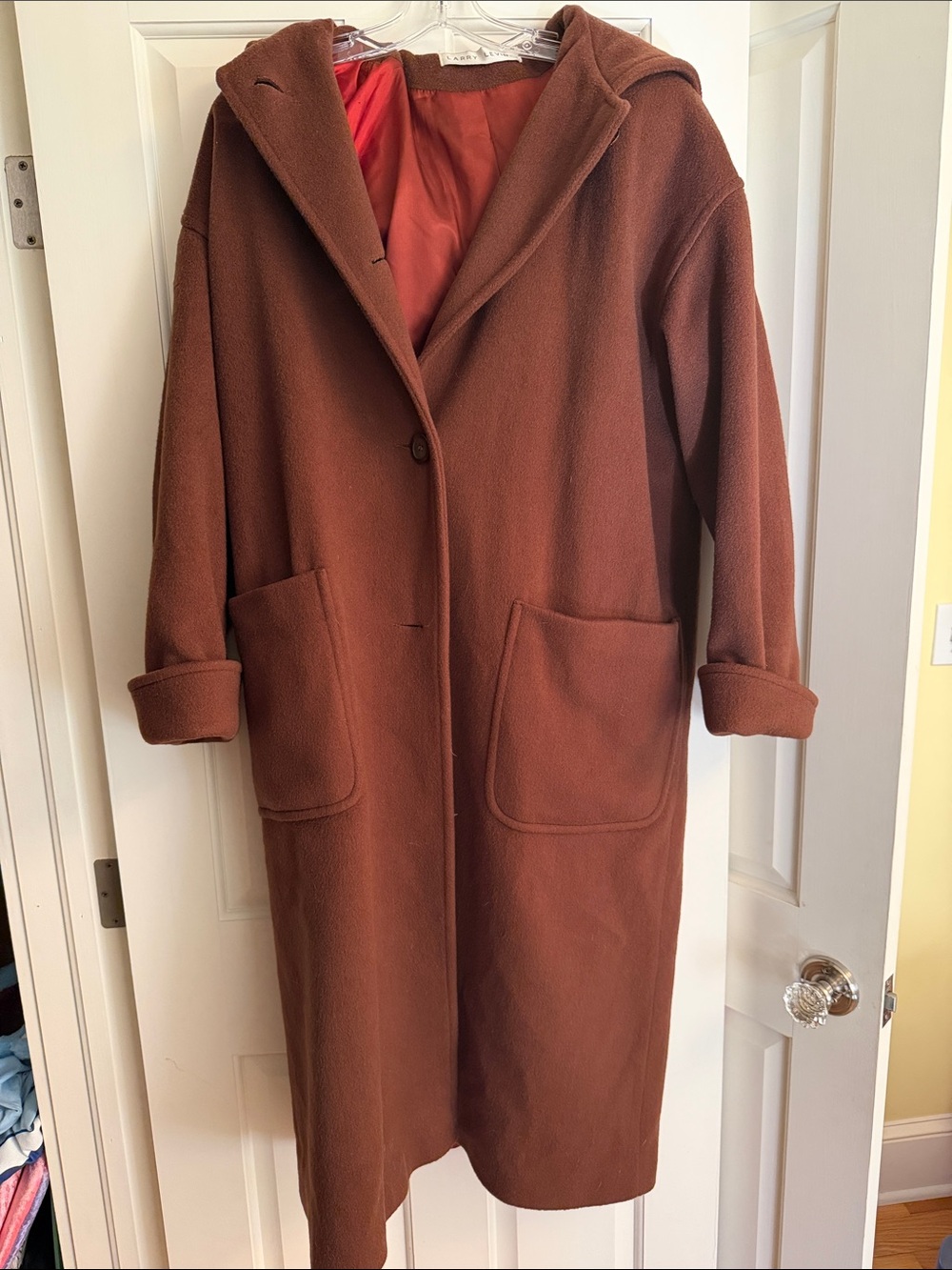 Classic Hooded Long Wool Coat in Rust Brown